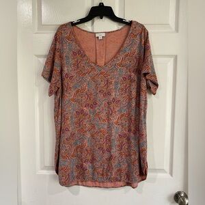 J. Jill Casual Tee Peach Floral Paisley Short Sleeve Relaxed Beachy Comfort XL